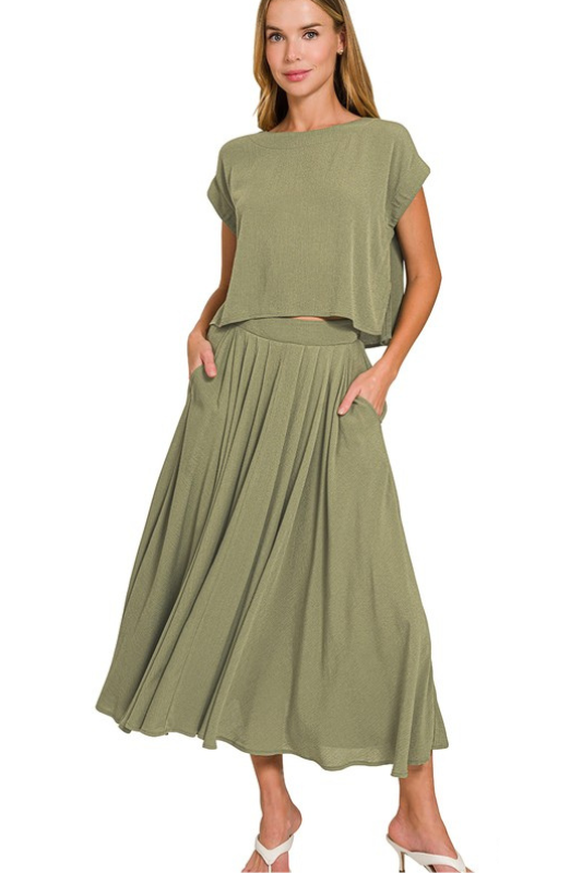 olive green short sleeve boxy top set
