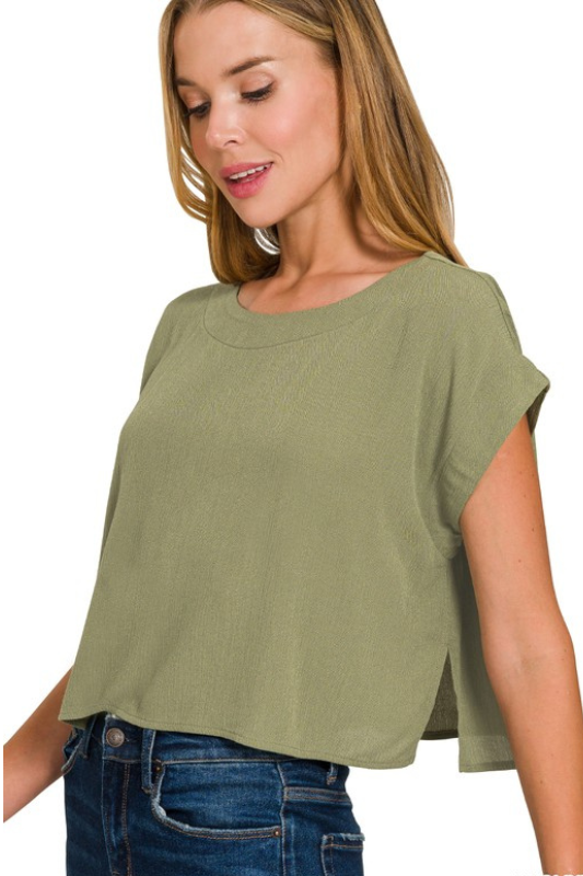 olive green short sleeve boxy top