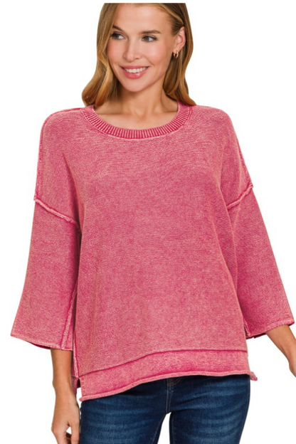 zenana mineral wash knit quarter length sleeve top
