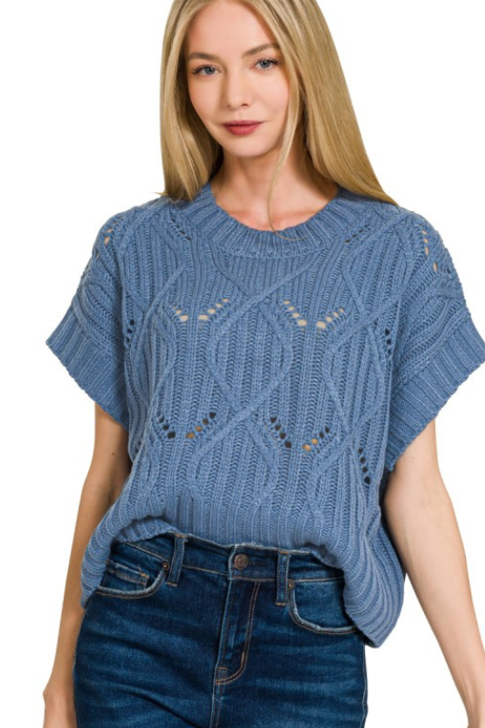 blue knit short sleeve soft top