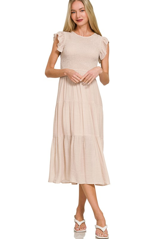 beige short sleeve midi dress
