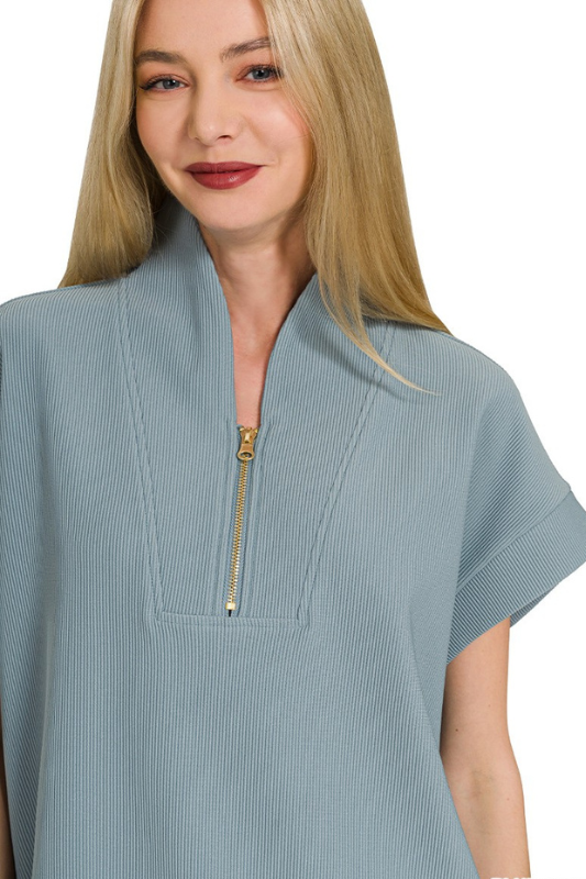 blue ribbed short sleeve top