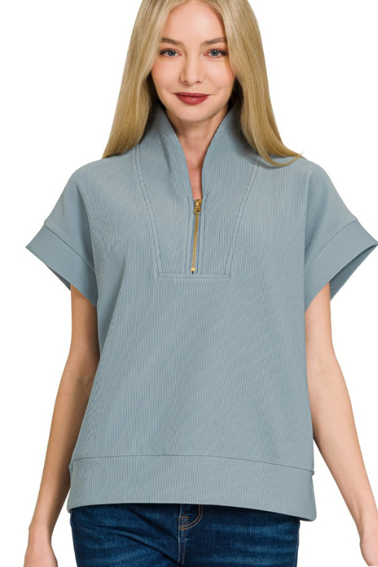 zenana blue grey ribbed quarter zip short sleeve top