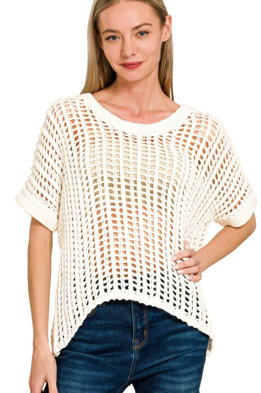 zenana ivory short sleeve crochet top