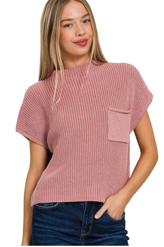 zenana mauve short sleeve knit pocket top