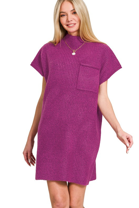 zenana plum short sleeve knit pocket sweater dress