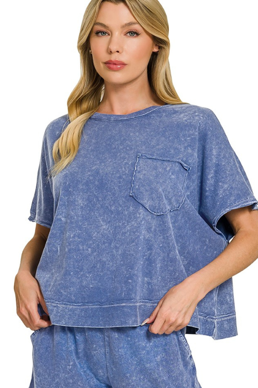 zenana blue mineral wash short sleeve pocket top set