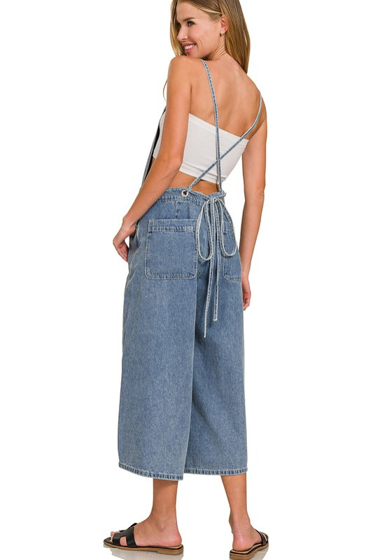 wide leg open back denim overalls
