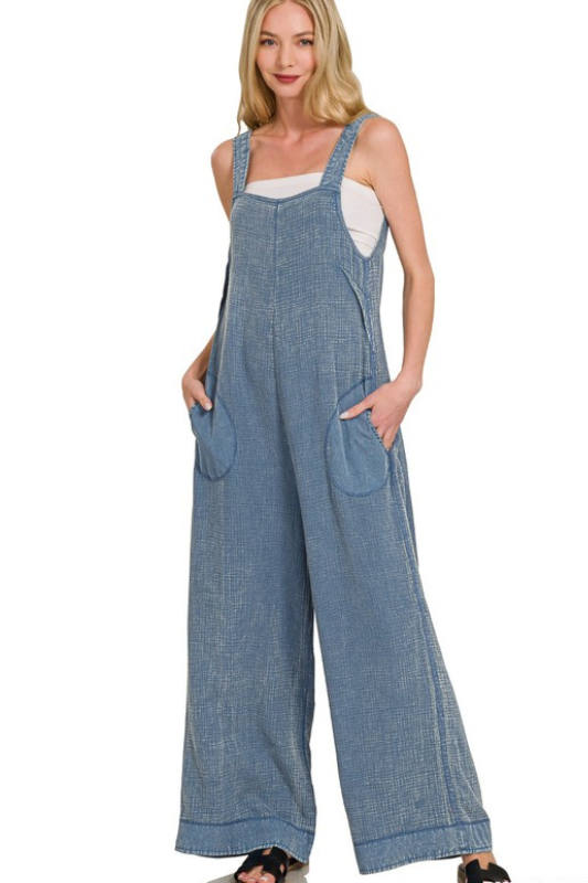 zenana blue gauze sleeveless wide leg pocket jumpsuit