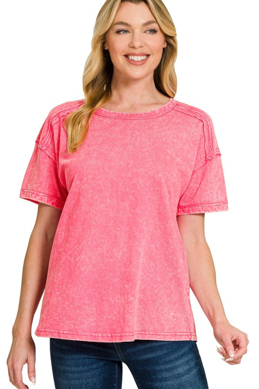 zenana pink fuchsia mineral wash short sleeve t shirt