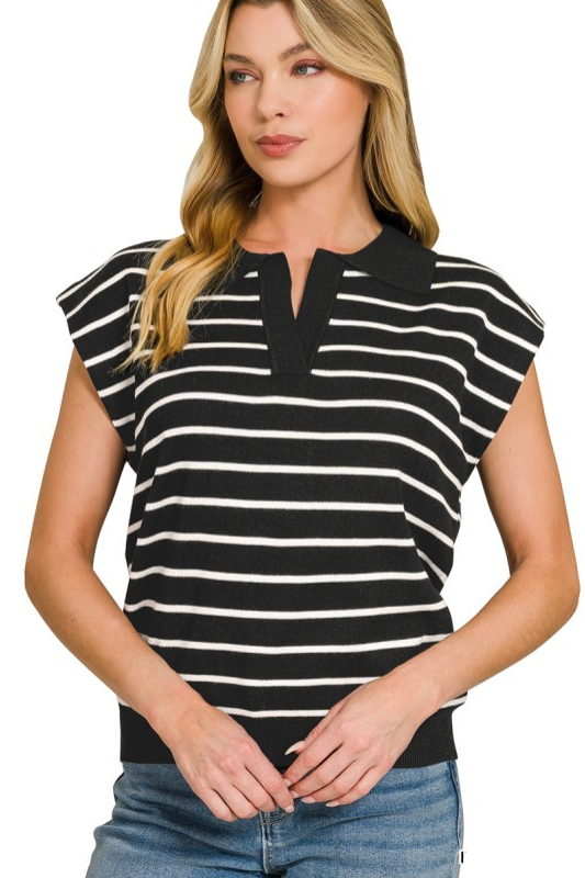 black striped short sleeve collared top