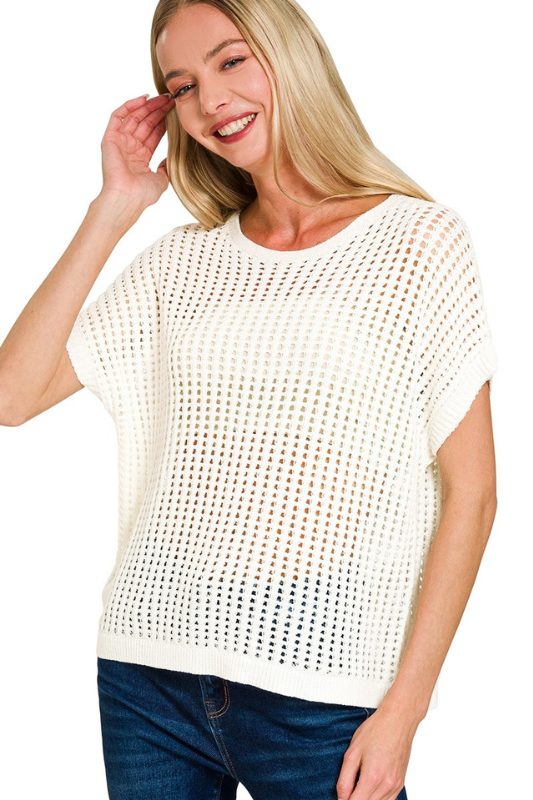 zenana off white short sleeve crochet top