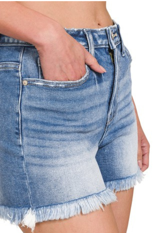 medium wash high rise denim shorts