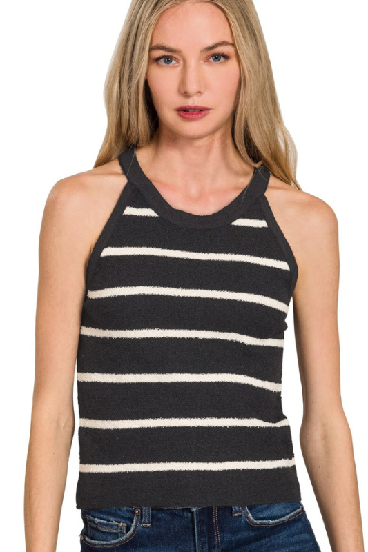 zenana black and cream striped racerback tank top