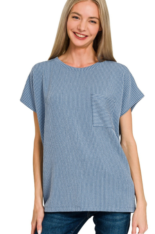 zenana blue short sleeve ribbed pocket top