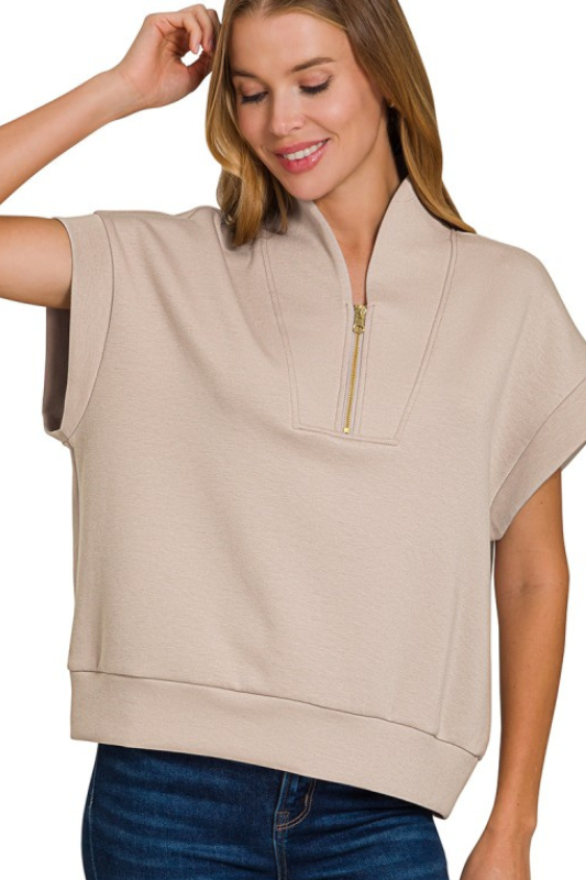 zenana ash mocha quarter zip short sleeve pullover