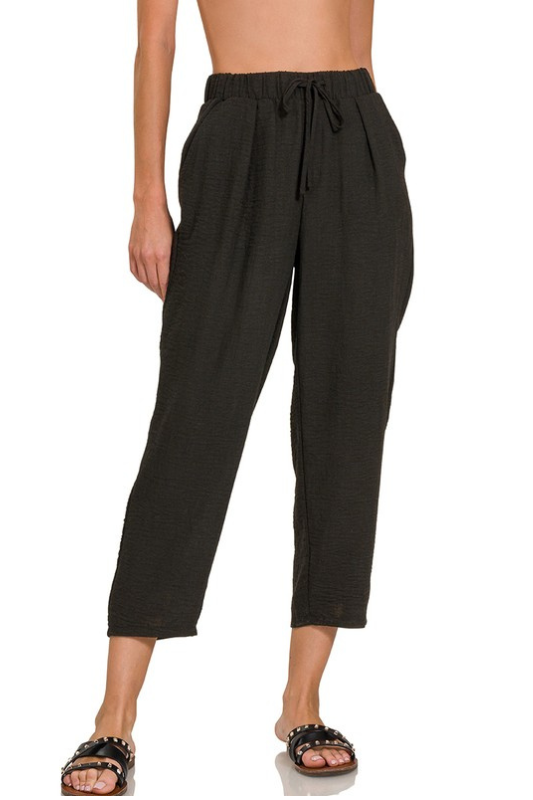 zenana black elastic waist drawstring tapered pocket pants
