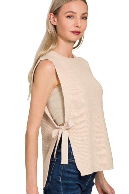 zenana oatmeal sleeveless bow sweater