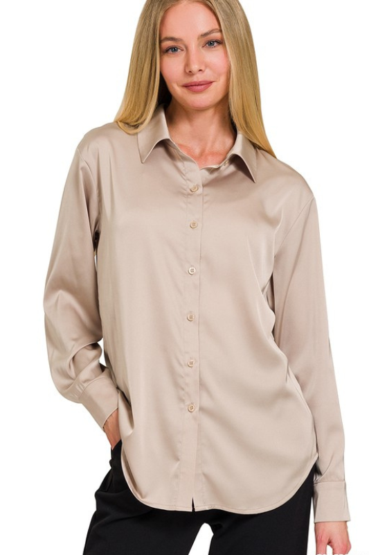 zenana ash mocha long sleeve satin button down top