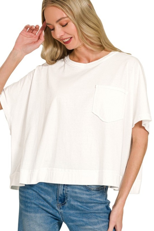 zenana white short sleeve boxy pocket top