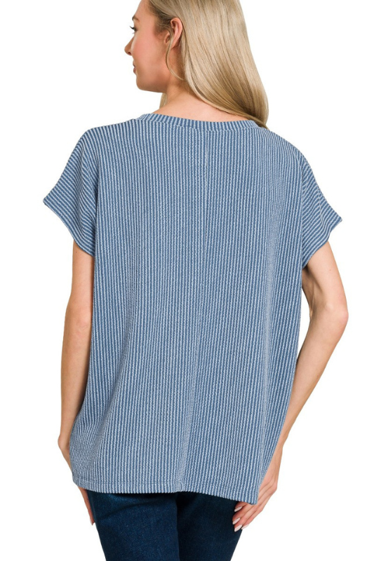 blue ribbed short sleeve top