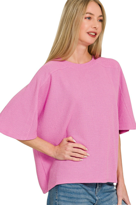 zenana pink waffle knit short sleeve flowy top