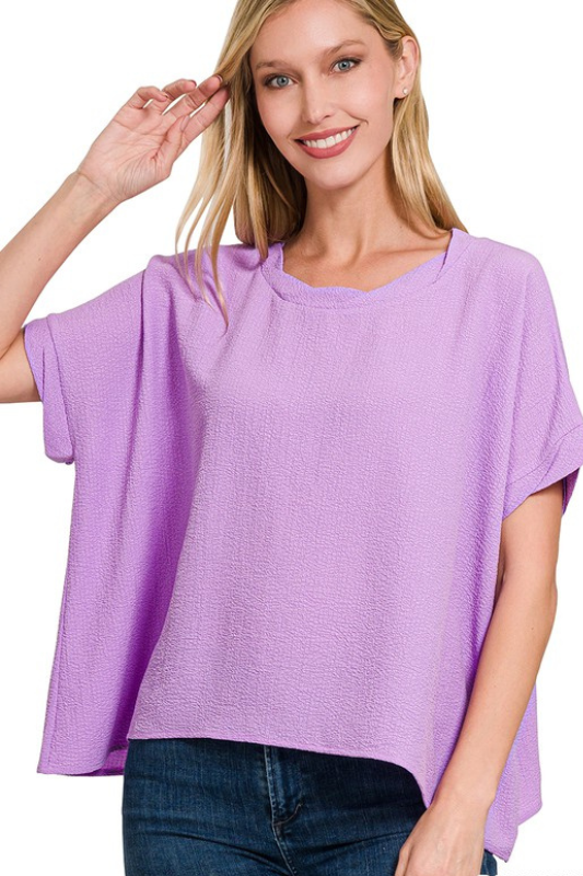 zenana lavender short sleeve boxy top