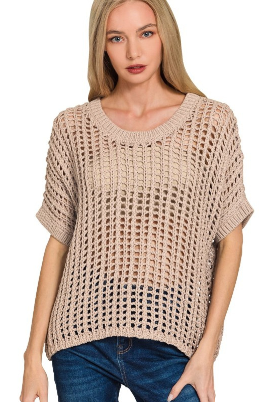 zenana mocha short sleeve knit crochet top