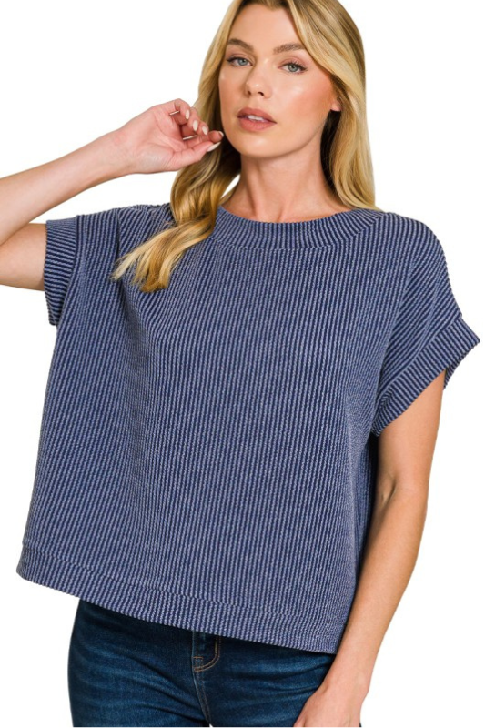 zenana navy blue ribbed short sleeve boxy top