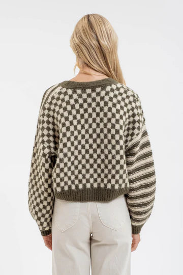 green and cream checker striped sweater