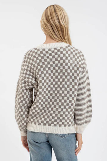 green and cream checker print sweater