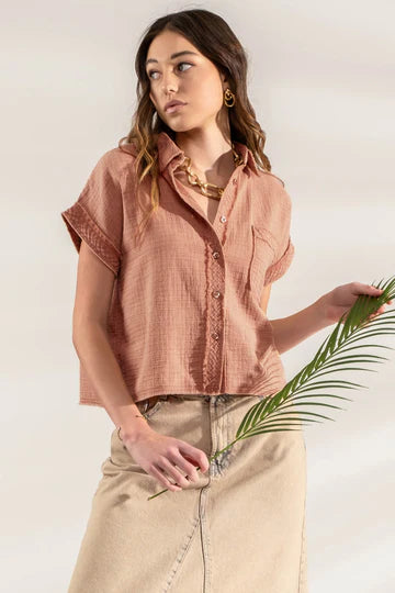 orange mineral wash boxy button top