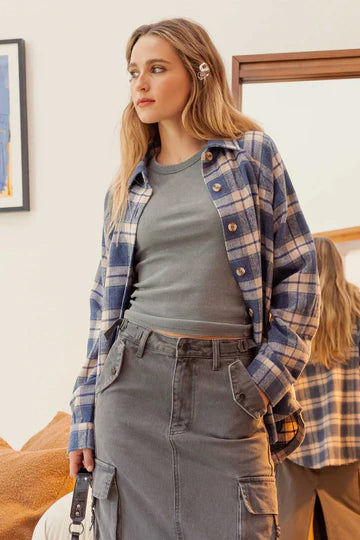 blue plaid button down shacket