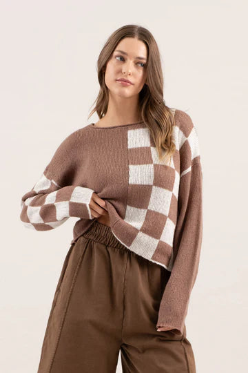 blu pepper brown color block checker sweater