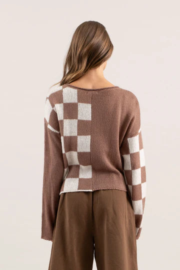 blu pepper brown color block checker sweater