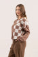 brown color block checker print pullover sweater