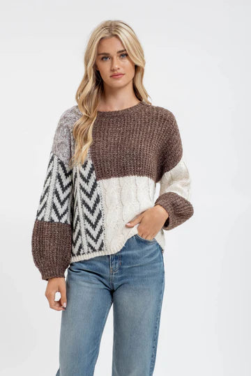 brown and cream color block knit sweater