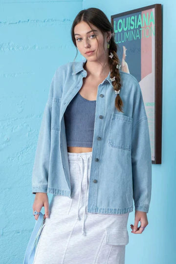 blu pepper light wash denim shacket