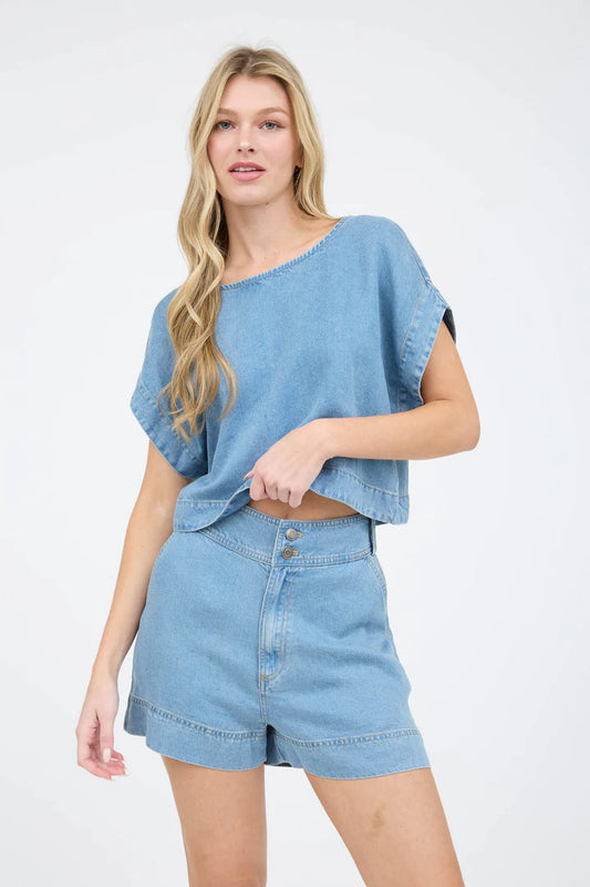 blu pepper blue short sleeve tie back boxy top
