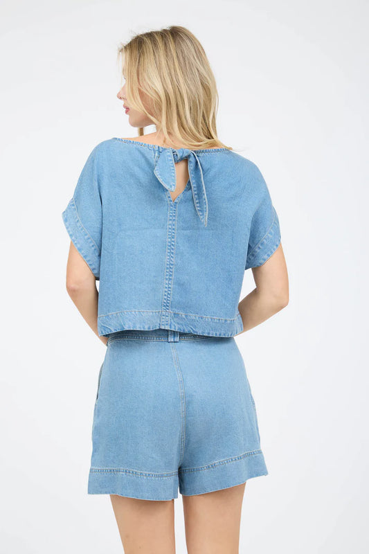 blue short sleeve boxy denim top