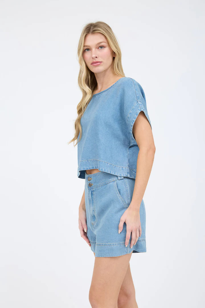 blue short sleeve boxy denim top