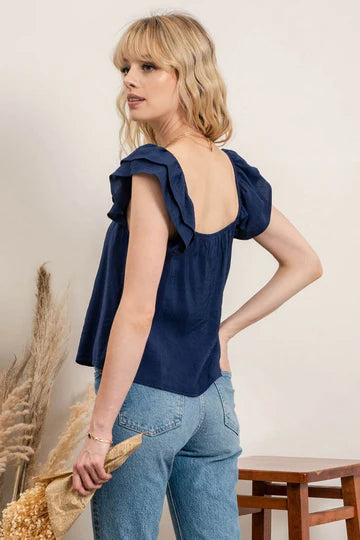 navy blue ruffle strap top