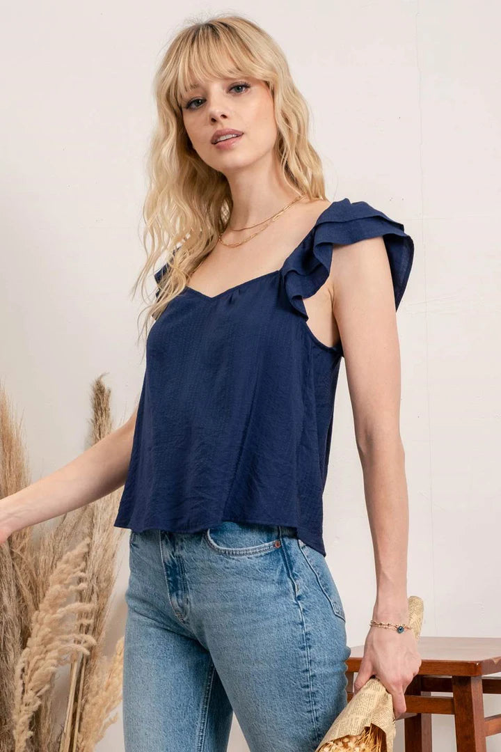 navy blue ruffle flowy top