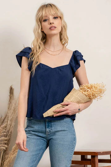 Navy Blue Ruffle Sleeve Top