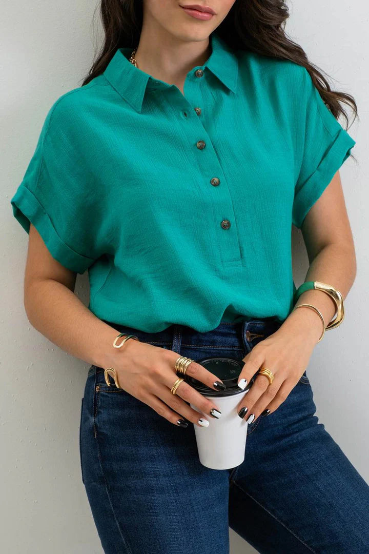 blu pepper kelly green collar button short sleeve top