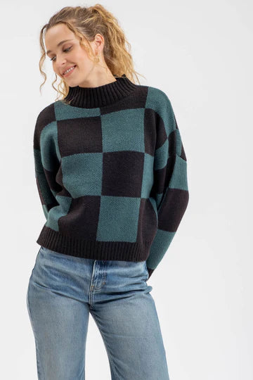 blu pepper green and black checker print sweater