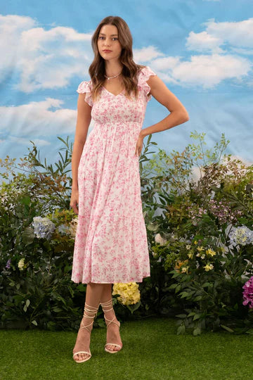 Pink Flutter Sleeve Floral Midi Dress