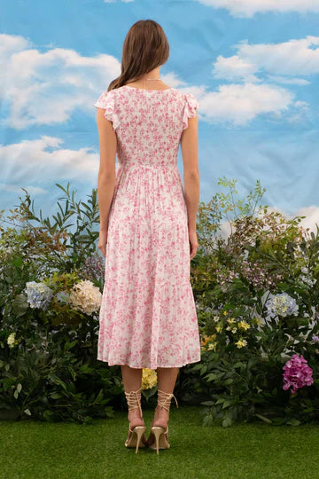 Pink Flutter Sleeve Floral Midi Dress