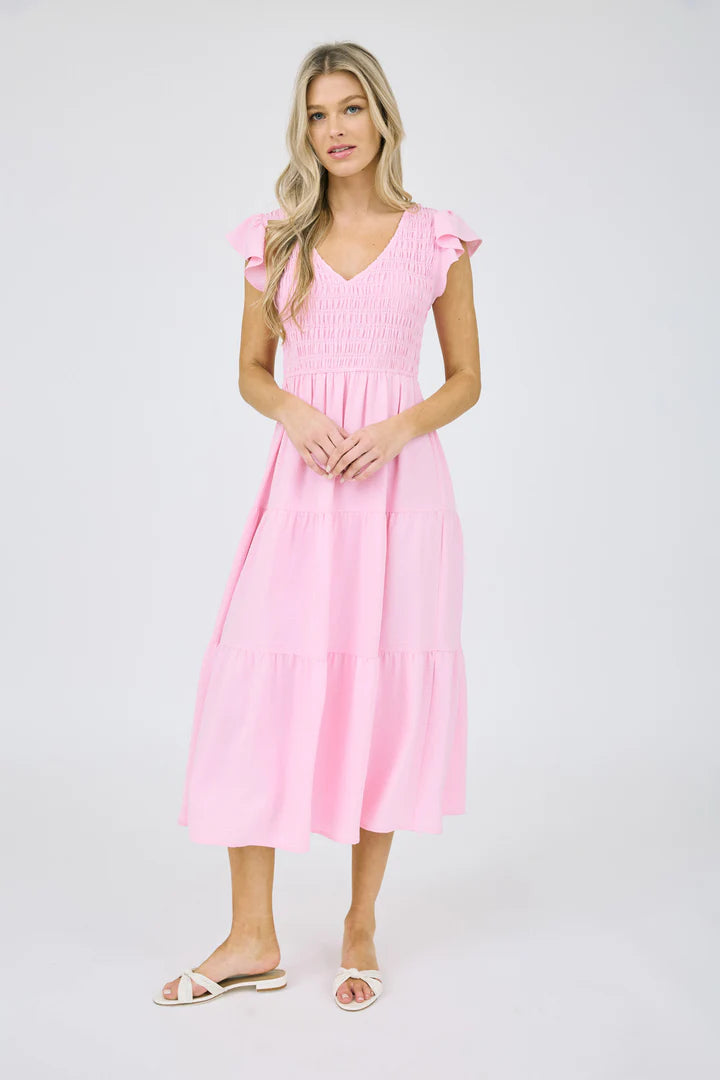 blu pepper light pink smocked flutter sleeve midi dress