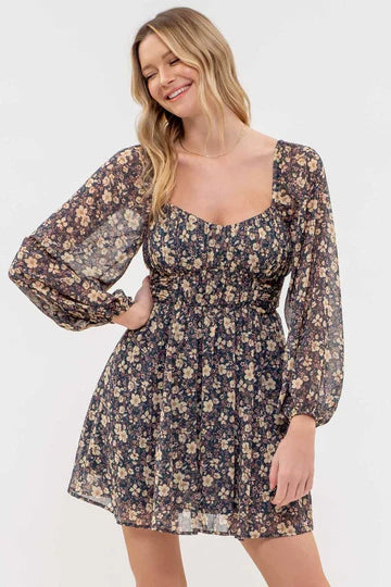 hunter green floral long sleeve dress